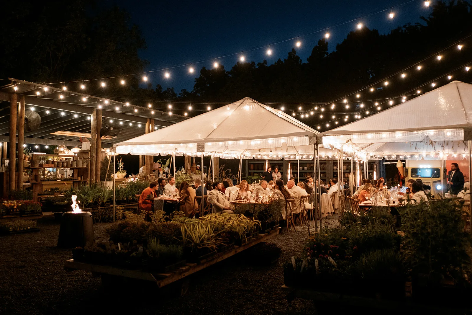 Evening wedding reception under string lights — planned by Blush & Bash Event Co.