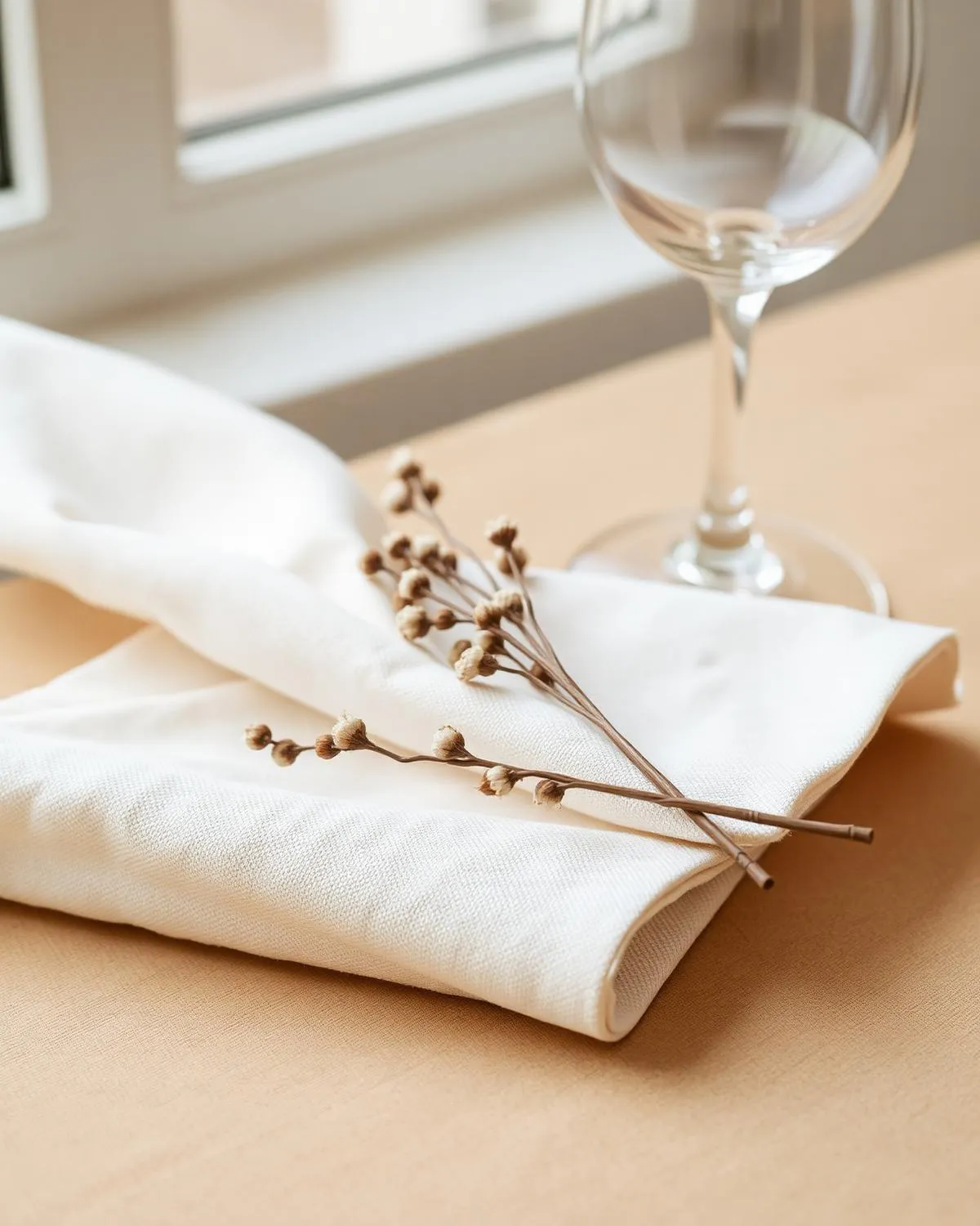Folded ivory linen napkin with dried floral stems